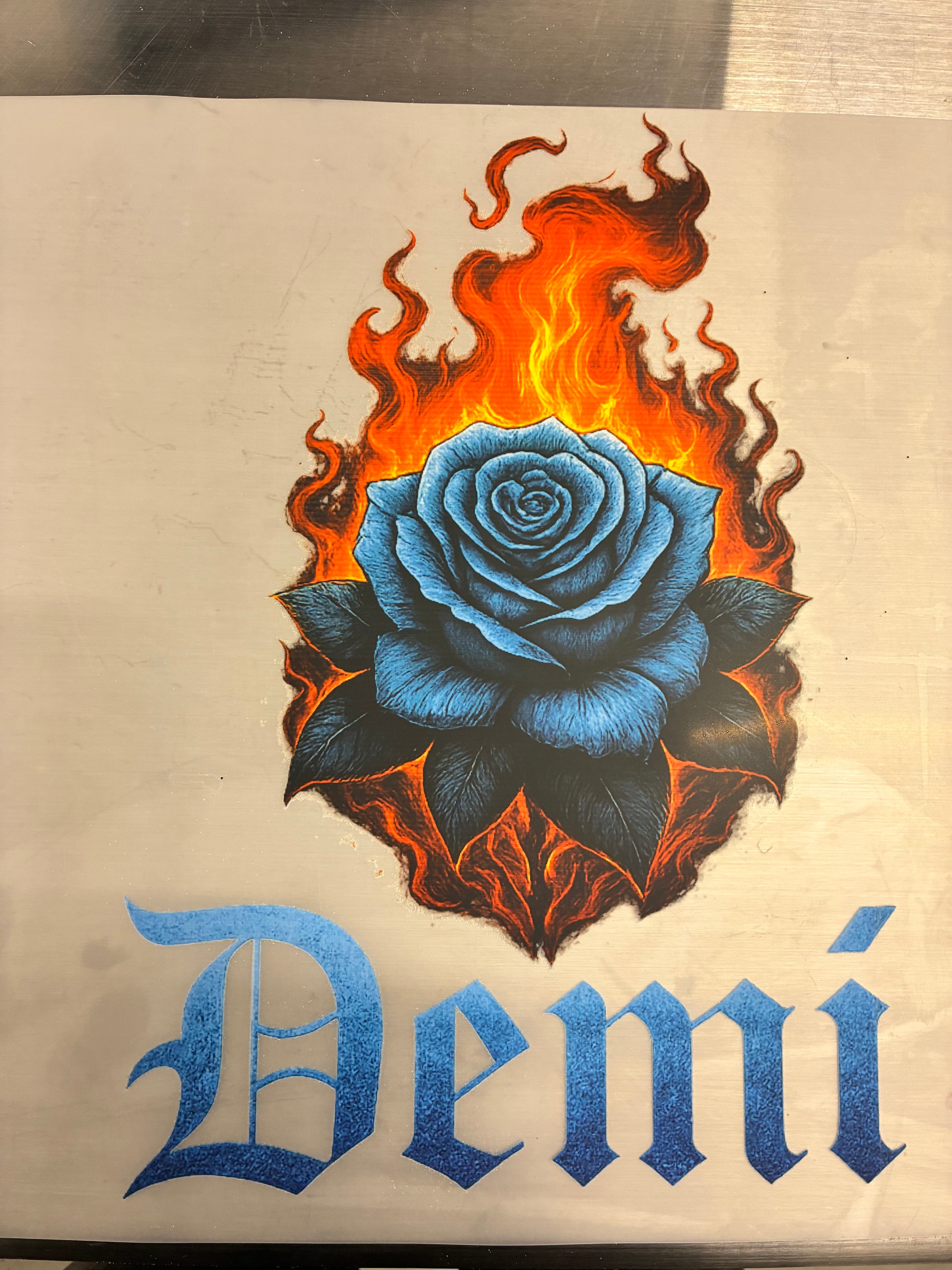 Blue rose flames DTF transfer